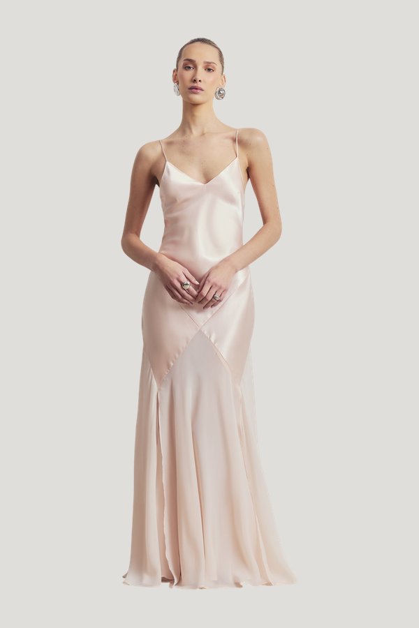Plunging Satin Handkerchief Hem Gown - Blossom — model front