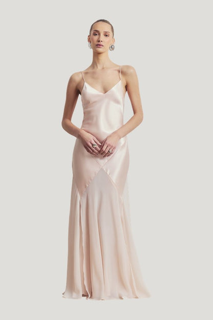 Plunging Satin Handkerchief Hem Gown - Blossom — model front