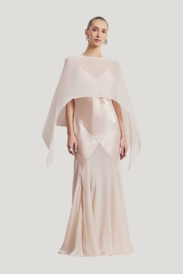 Plunging Satin Handkerchief Hem Gown - Blossom — model side