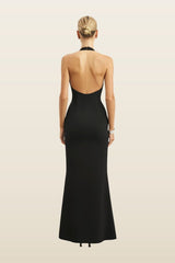 Plunging V Neck Halter Gown — model back