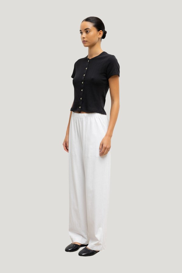 Pointelle Short Sleeve Cardigan — model side