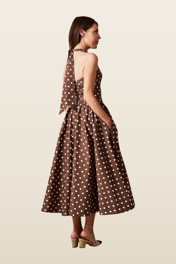 'Pretty Woman' Polka Dot Halter Neck Corset Midi Dress — model back