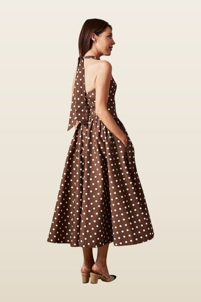 'Pretty Woman' Polka Dot Halter Neck Corset Midi Dress — model back