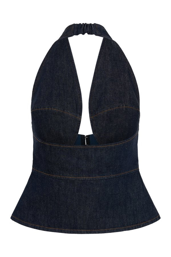 Rema Halter Longline Denim Top — packshot
