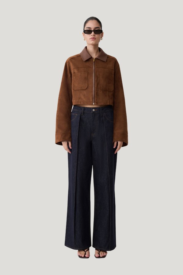Remy Faux Suede & Leather Collared Jacket — model front