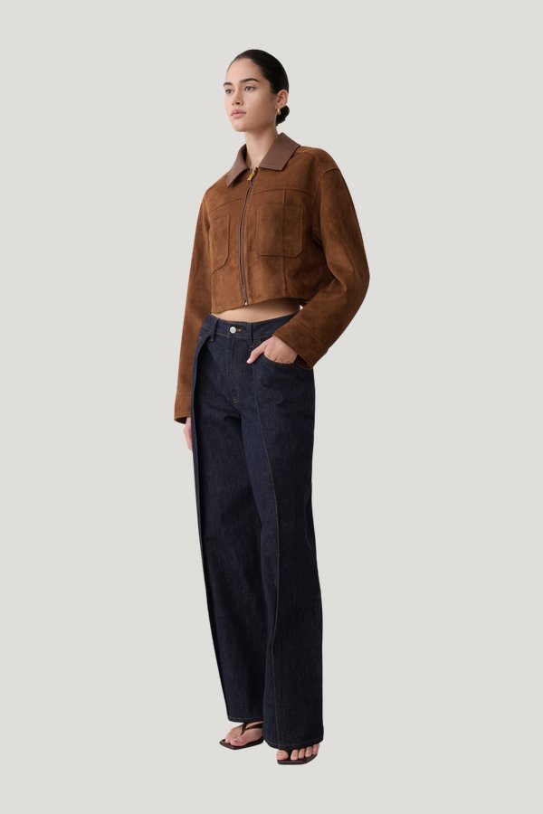 Remy Faux Suede & Leather Collared Jacket — model side