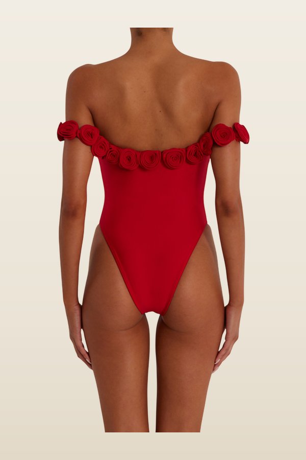 Rosette Off Shoulder One Piece (Scarlet — model back
