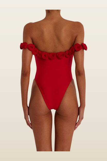 Rosette Off Shoulder One Piece (Scarlet — model back