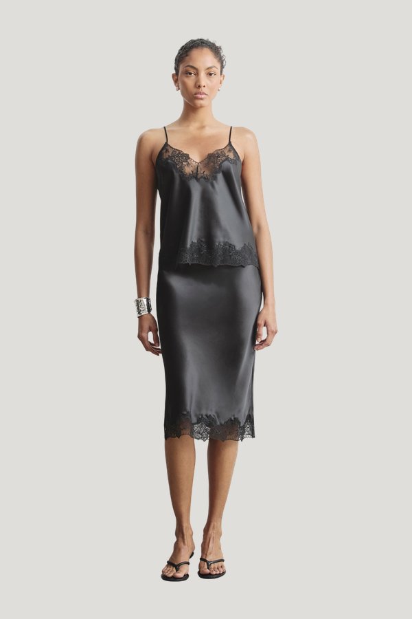 Satin Lace Detail Midi Skirt — model front