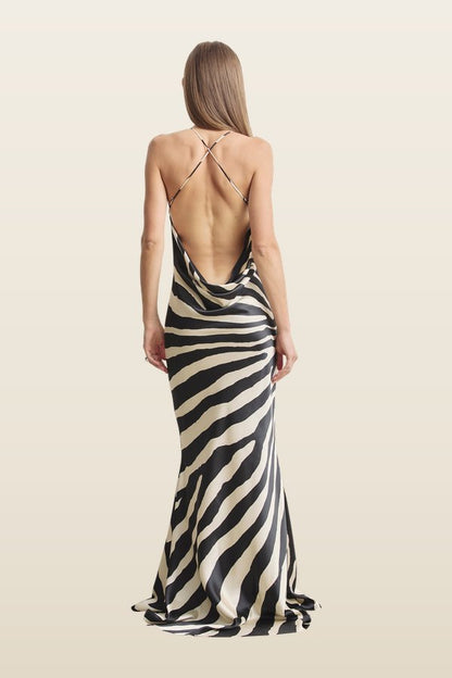 Satin Slinky Cowl Back Gown - Abstract Zebra — model back