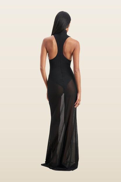 Sheer High Neck Racerback Gown — model back