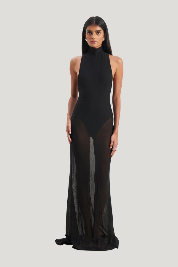 Sheer High Neck Racerback Gown — model front