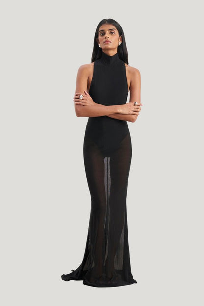 Sheer High Neck Racerback Gown — model side