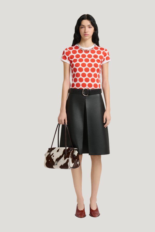 White and brown cow-print ponyhair E/W shoulder bag — model front