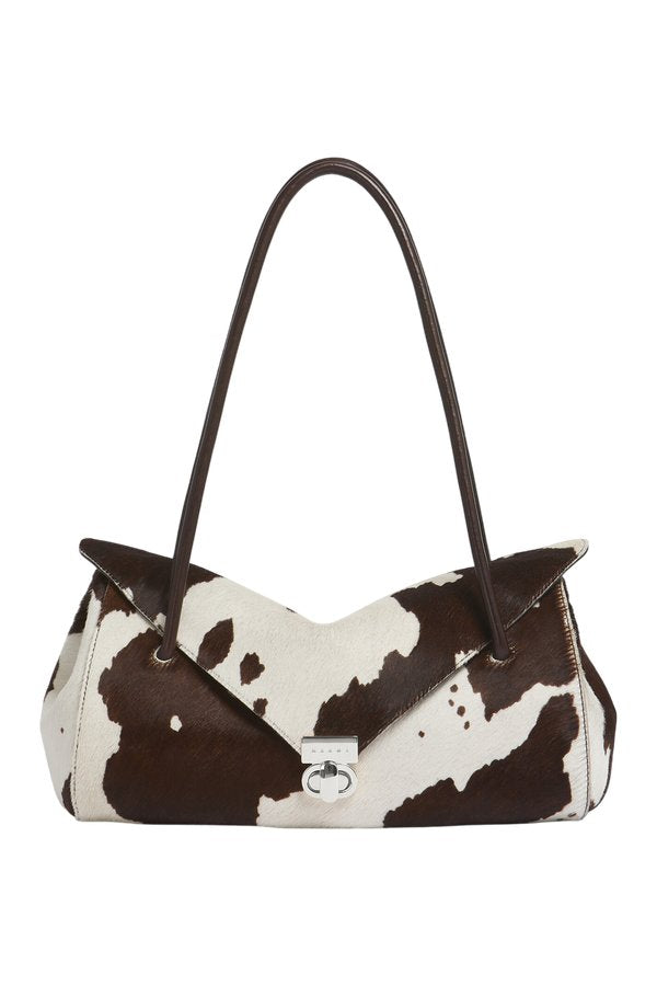 White and brown cow-print ponyhair E/W shoulder bag — packshot