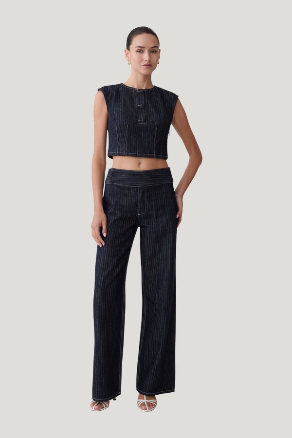 Sienna Flare Mid Rise Denim Jeans - Indigo Pinstripe — model front