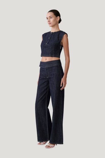 Sienna Flare Mid Rise Denim Jeans - Indigo Pinstripe — model side