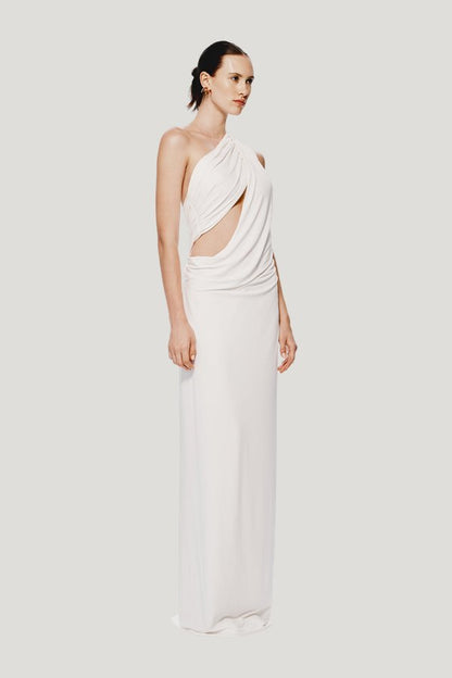The Solstice Cupro Dress — model side
