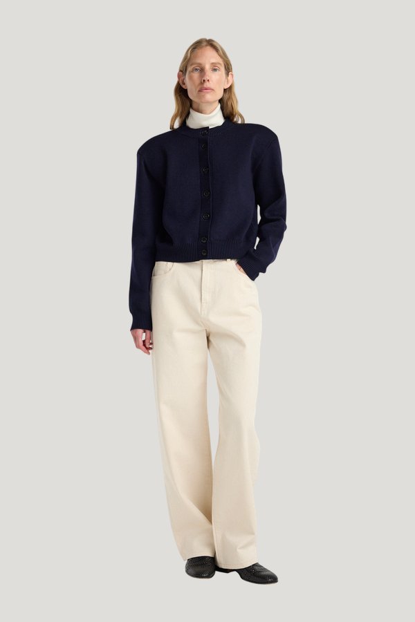 Statement shoulder cardigan — model front