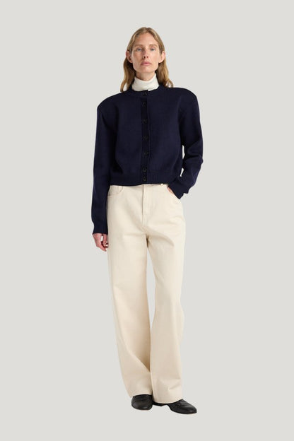 Statement shoulder cardigan — model front