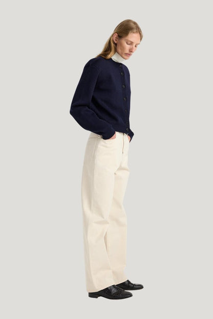Statement shoulder cardigan — model side