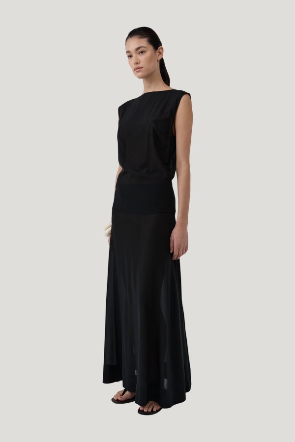 Stretch Silk Bateau Dress — model side