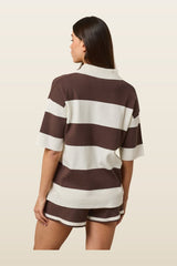 Stripe Knitted Collar Short Sleeve Top — model back