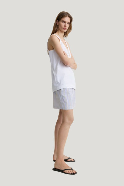 Striped summer shorts — model side