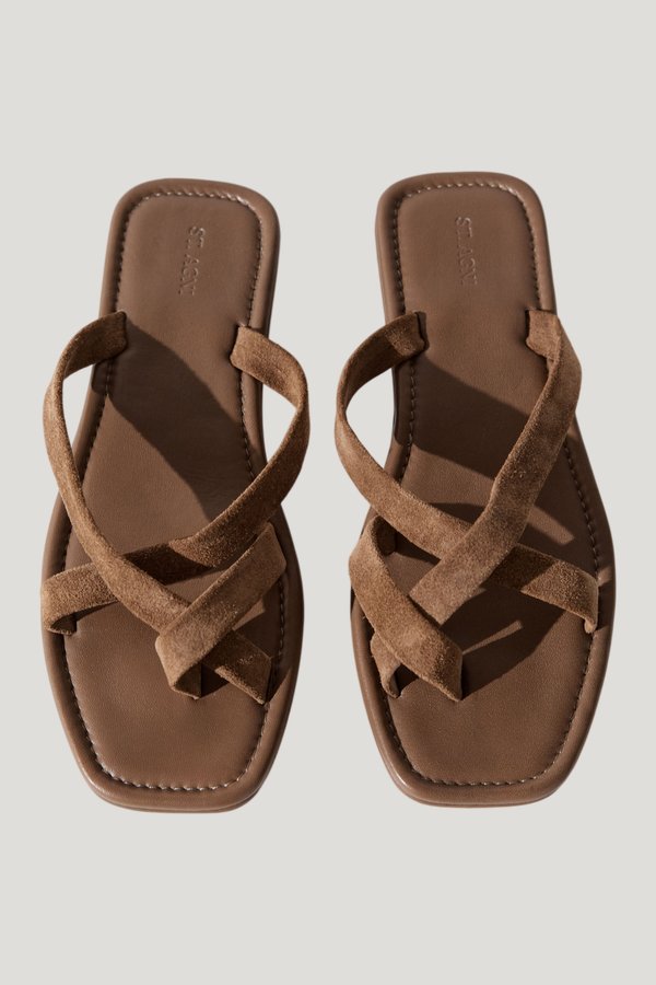 Suede Soft Strap Slide - Toffee — model front