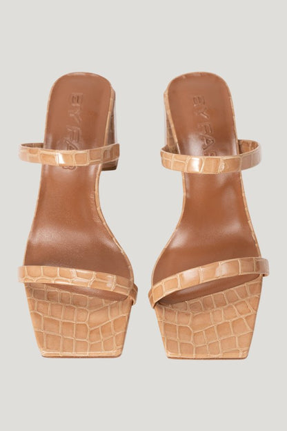 Tanya Light Tan Croco Embossed Leather Slip-On Mule — model side