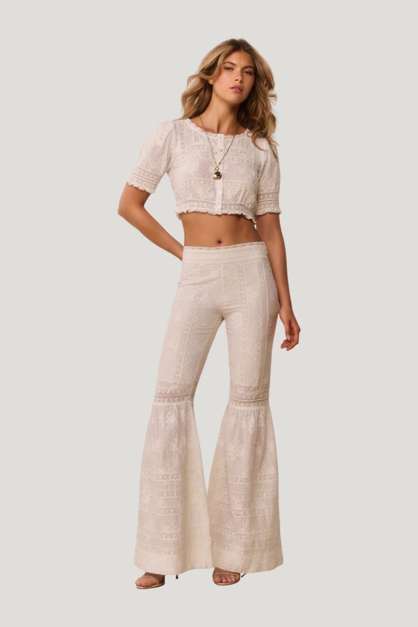 Tevla Cotton Victorian Bell Bottom Pant — model front