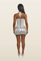The Shimmi Sequin Micro Mini Skirt in Cream Pearl — model back