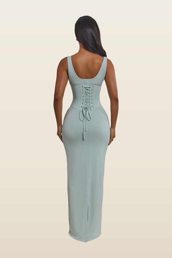 The Sandra Scoop Corset Maxi Dress — model back