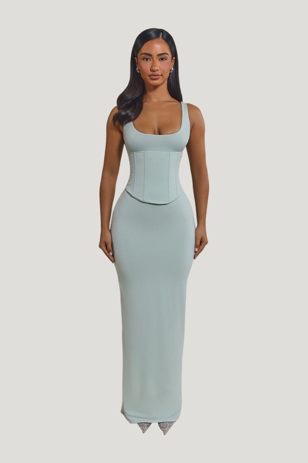 The Sandra Scoop Corset Maxi Dress — model front