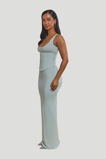 The Sandra Scoop Corset Maxi Dress — model side