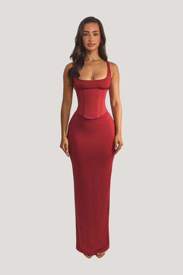 The Sandra Scoop Corset Maxi Dress — model front