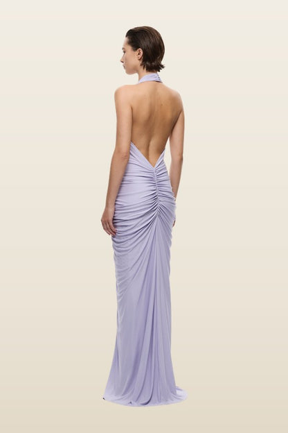 The Venus Gathered Cupro Dress — model back