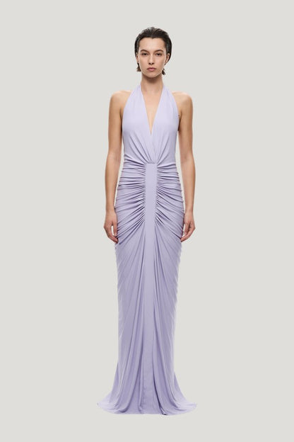 The Venus Gathered Cupro Dress — model front