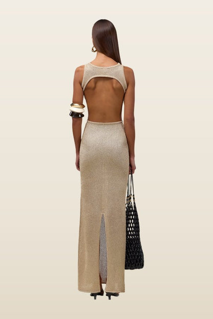 Tie Maxi Dress (Light Gold Sequin) — model back
