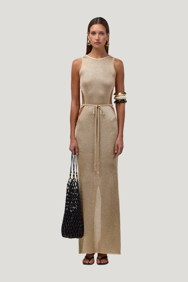 Tie Maxi Dress (Light Gold Sequin) — model front