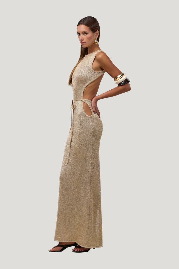 Tie Maxi Dress (Light Gold Sequin) — model side