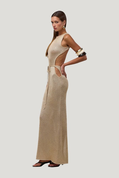Tie Maxi Dress (Light Gold Sequin) — model side