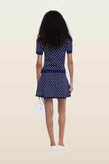 Tumi Sweater Dress In Navy White Polka Dot — model back