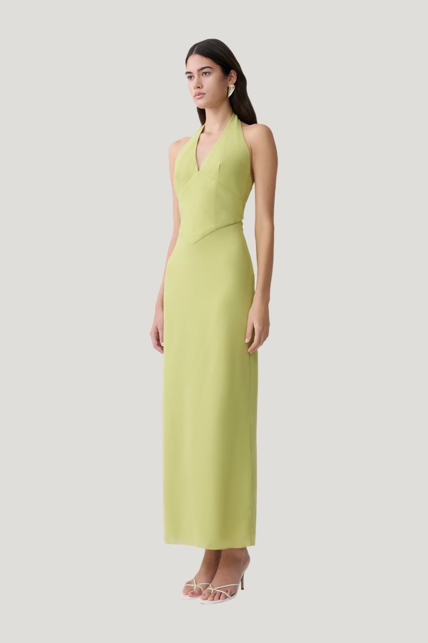 Valentina Chiffon Halter Maxi Dress - Pistachio — model side