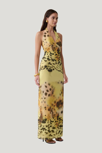 Valentina Chiffon Halter Maxi Dress - Yellow Floral Leopard Print — model side