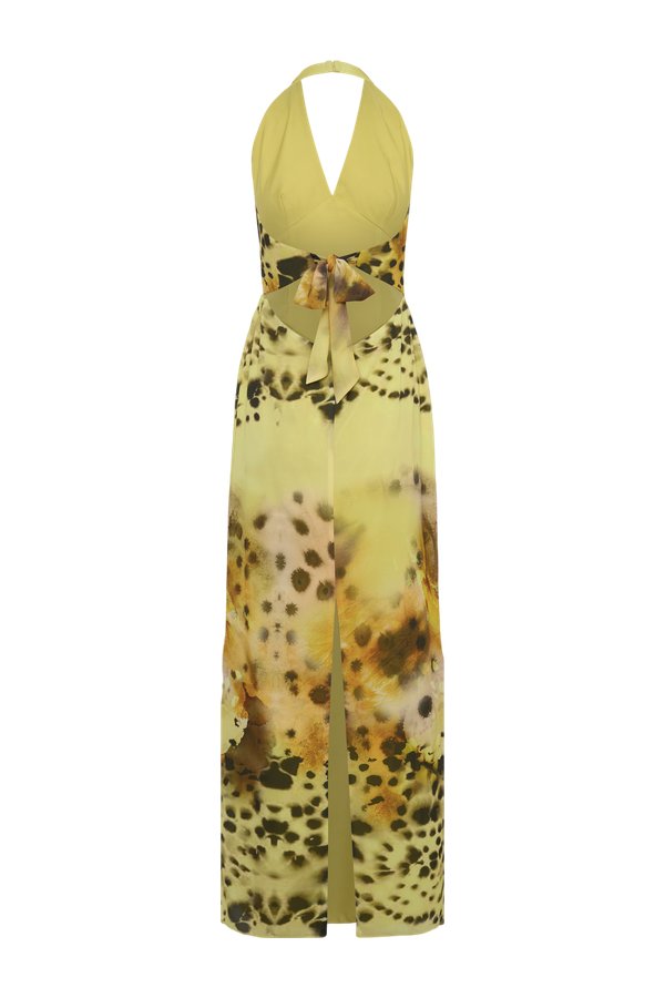 Valentina Chiffon Halter Maxi Dress - Yellow Floral Leopard Print — packshot