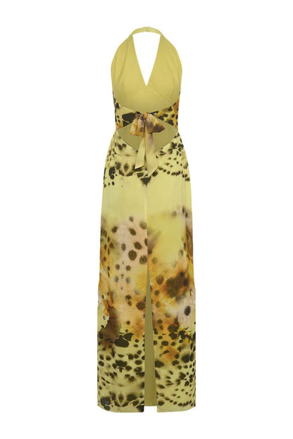 Valentina Chiffon Halter Maxi Dress - Yellow Floral Leopard Print — packshot