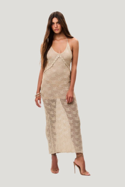 Vreya Metallic Crochet Maxi Dress — model front