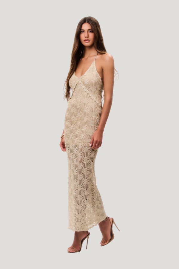 Vreya Metallic Crochet Maxi Dress — model side