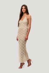 Vreya Metallic Crochet Maxi Dress — model side